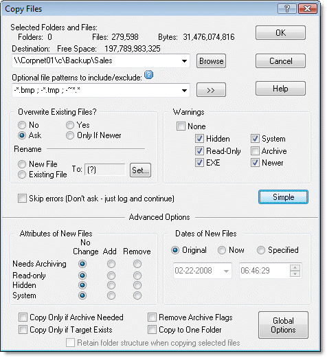 Copy Files - Move Files Dialog in Advanced Mode