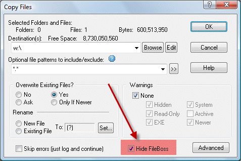 Option for hiding FileBoss while copying