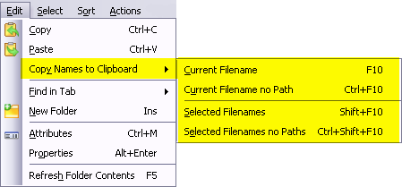 Copy filenames menu items